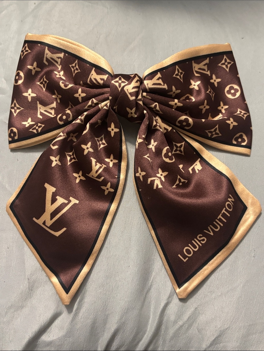 Louis Vuitton Brown & Beige Monogram Silk Bow Scarf